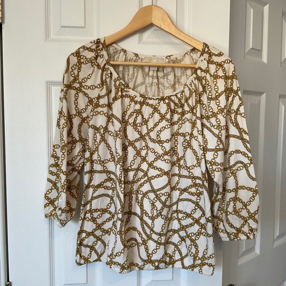 Michael Kors Cotton-Blend Golden Chain-Link Print Pleated Top 3/4 Sleeves - Picture 2 of 13